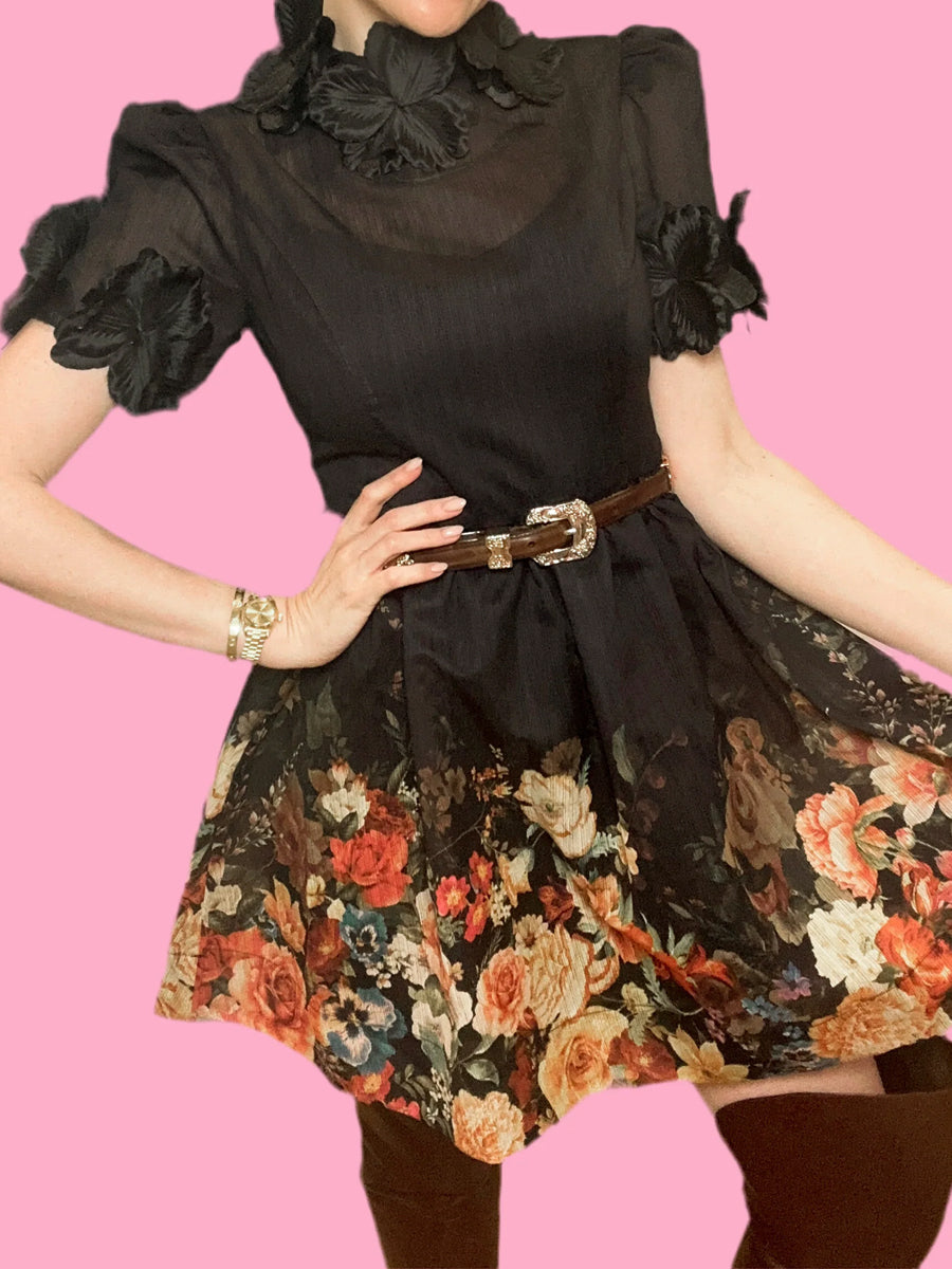 3D Flower Bubble Sleeve Hem Printed Dress