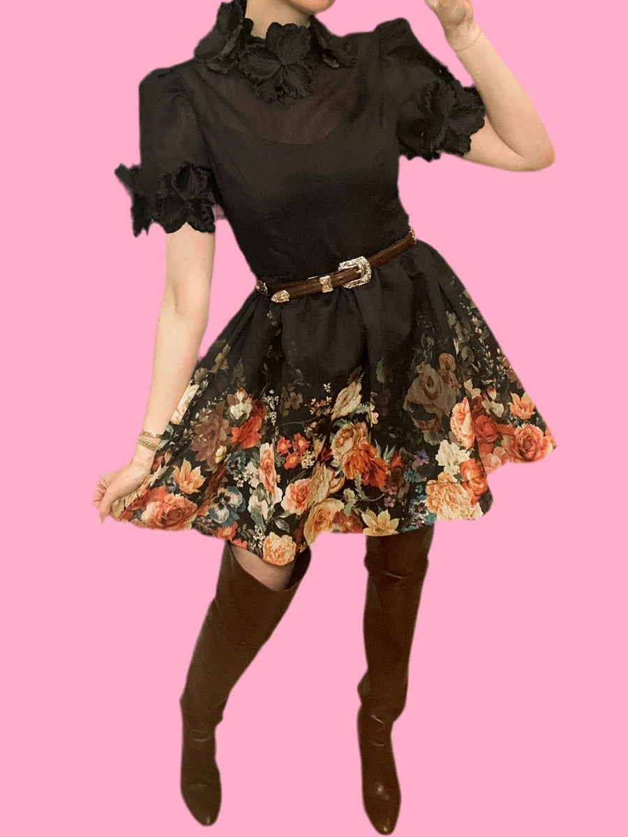 3D Flower Bubble Sleeve Hem Printed Dress