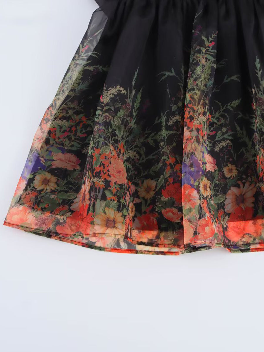 3D Flower Bubble Sleeve Hem Printed Dress