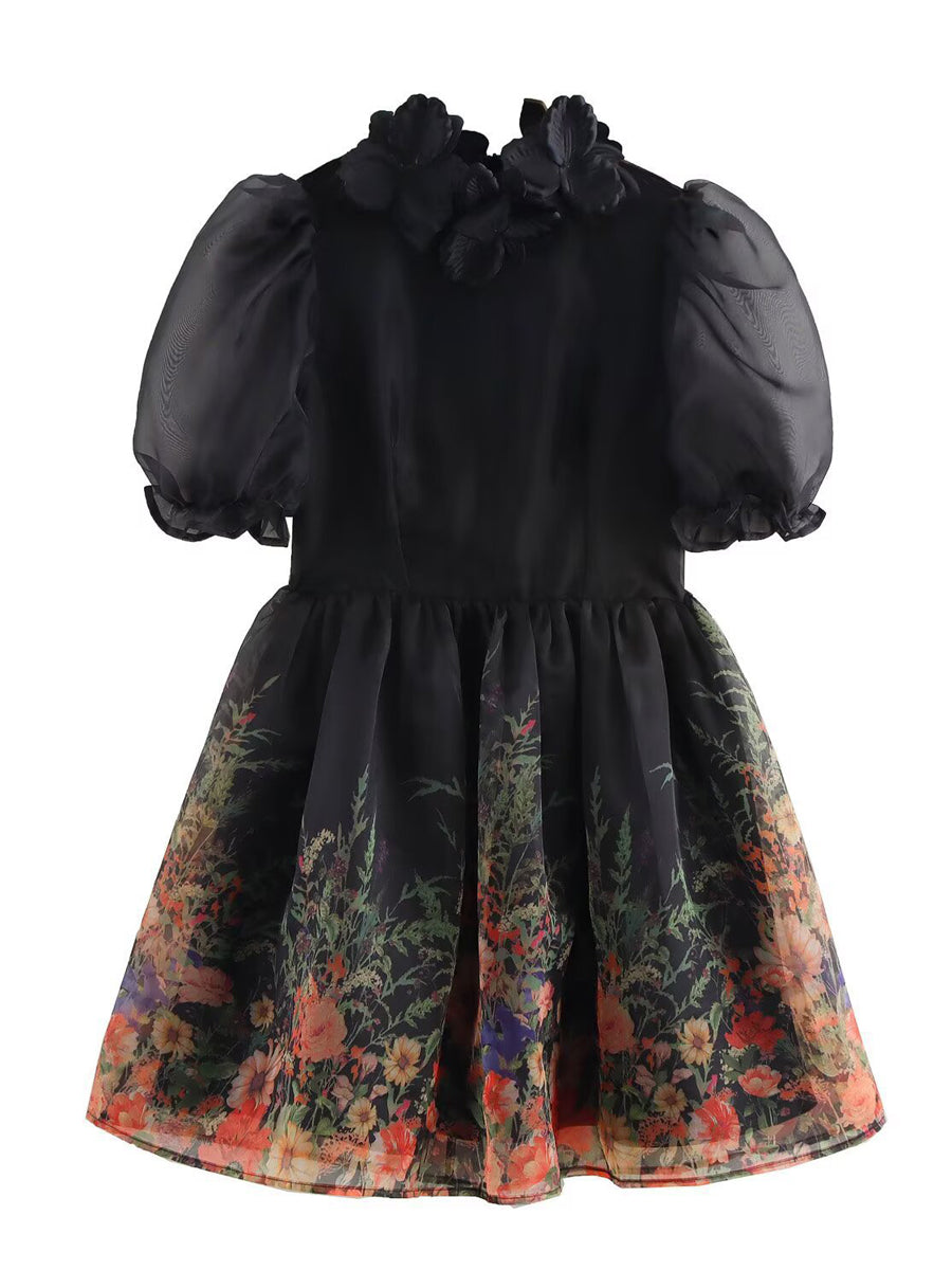 3D Flower Bubble Sleeve Hem Printed Dress