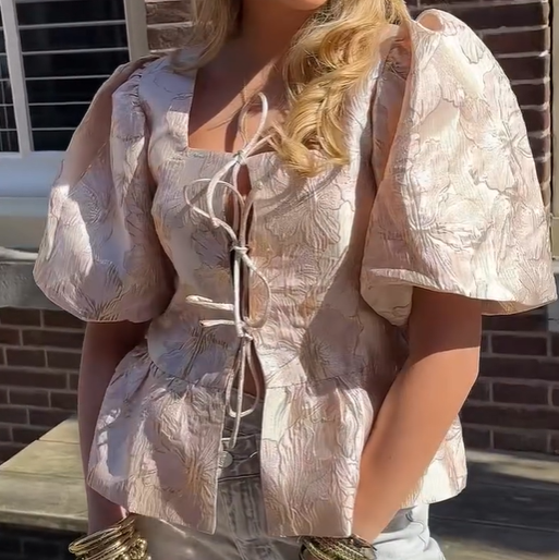 Adorable Jacquard Lace-Up Blouse
